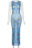 Blue Sexy Print Patchwork O Neck Pencil Skirt Dresses