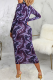 Purple Sexy Print Split Joint Zipper Collar Pencil Skirt Dresses
