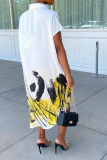 White Casual Print Patchwork Turndown Collar Shirt Dress Dresses