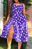 Yellow Sweet Print Polka Dot Patchwork Draw String Slit Spaghetti Strap Princess Dresses