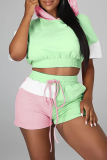 Tangerine Casual Color Block Patchwork Hooded Collar Short Sleeve Two Pieces