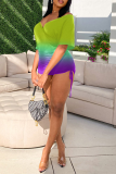 Green Sexy Gradual Change Patchwork V Neck Regular Rompers