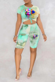 Pink Casual Patchwork Tie-dye O Neck Short Sleeve Two Pieces