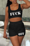 Black Sexy Casual Letter Print Vests U Neck Sleeveless Two Pieces