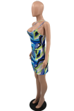 Blue Sexy Print Patchwork Spaghetti Strap Pencil Skirt Dresses