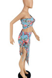 Cyan Sexy Print Patchwork Frenulum Backless High Opening Fold Oblique Collar Two Pieces