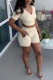 Apricot Sexy Casual Solid Backless V Neck Short Sleeve Two Pieces