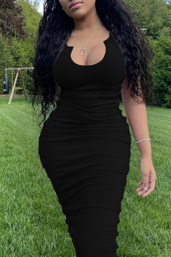 Black Fashion Sexy Solid Hollowed Out U Neck Vest Dress Dresses