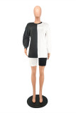 Black And White Fashion Casual Patchwork Basic O Neck Long Sleeve Two Pieces