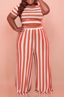 Tangerine Red Casual Striped Split Joint O Neck Plus Size Two Pieces