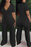 Red Fashion Casual Solid Basic V Neck Regular Jumpsuits