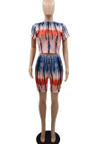 Multicolor Casual Print Patchwork O Neck Short Sleeve Two Pieces