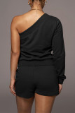 Black Casual Solid Split Joint Asymmetrical Oblique Collar Long Sleeve Two Pieces