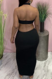 Black Sexy Solid Patchwork Backless Halter Sleeveless Two Pieces