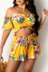 Yellow Sexy Print Split Joint Off the Shoulder Short Sleeve Two Pieces