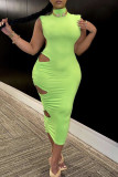 Green Sexy Solid Hollowed Out Backless Asymmetrical Half A Turtleneck Pencil Skirt Dresses