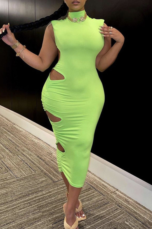 Green Sexy Solid Hollowed Out Backless Asymmetrical Half A Turtleneck Pencil Skirt Dresses