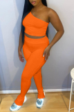 Tangerine Red Casual Solid Split Joint One Shoulder Sleeveless Two Pieces