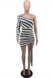 Black White Fashion Sexy Striped Print Backless Oblique Collar Long Sleeve Dresses
