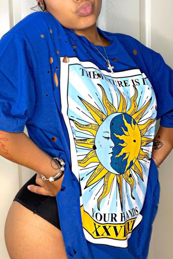 Blue Fashion Casual Print Hollowed Out O Neck T-Shirts
