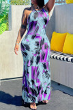 Yellow Fashion Sexy Print Backless Halter Sleeveless Dress