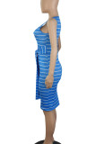 Blue Casual Striped Print Bandage Patchwork U Neck Vest Dress Dresses