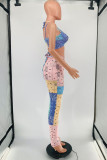 Pink Fashion Sexy Print Backless Strap Design Spaghetti Strap Sleeveless Two Pieces