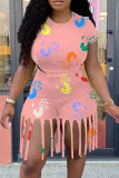 Pink Fashion Casual Print Tassel O Neck Short Sleeve Two Pieces