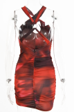 Red Sexy Print Hollowed Out Halter Pencil Skirt Dresses