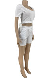 White Casual Solid Patchwork U Neck Short Sleeve Two Pieces