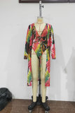 Rose Red Sexy Print Patchwork Swimwears