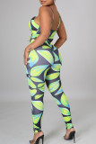 Green Sexy Print Hollowed Out Patchwork Frenulum Spaghetti Strap Sleeveless Two Pieces