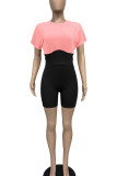 Pink Casual Solid Patchwork O Neck Short Sleeve Two Pieces