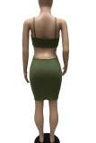 Army Green Sexy Solid Bandage Split Joint Spaghetti Strap Pencil Skirt Dresses