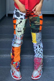 Purple Fashion Casual Print Patchwork Regular High Waist Trousers