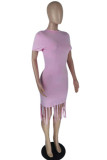 Pink Fashion Casual Solid Tassel O Neck Short Sleeve Dress