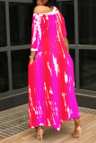 Rose Red Fashion Casual Print Basic O Neck Long Dress