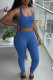 Colorful Blue Casual Solid Bandage Patchwork Halter Sleeveless Two Pieces