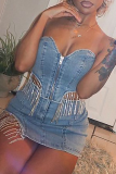 Blue Sexy Solid Tassel Strapless Sleeveless Two Pieces