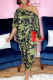 Camouflage Casual Print Split Joint One Shoulder Half Sleeve Two Pieces