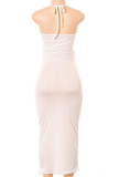 Blue Sexy Solid Hollowed Out Patchwork Fold Halter Pencil Skirt Dresses