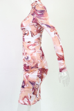 Colour Sexy Print Patchwork Half A Turtleneck Pencil Skirt Dresses