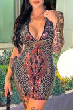 Colour Fashion Sexy Patchwork Sequins Backless V Neck Sling Dress