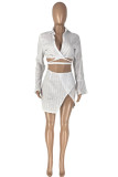 White Fashion Sexy Solid Bandage Asymmetrical V Neck Long Sleeve Two Pieces