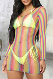 Pink Sexy Striped Mesh Swimwears Cover Up