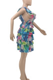 Multicolor Sweet Print Patchwork Flounce V Neck A Line Dresses
