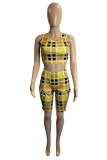 Yellow Fashion Casual Plaid Print Vests O Neck Sleeveless Two Pieces