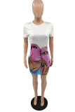 White Fashion Casual Print Basic O Neck Short Sleeve Dress