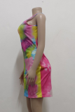 Pink Sexy Print Split Joint O Neck Pencil Skirt Dresses