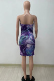 Rose Red Sexy Print Patchwork Strapless Pencil Skirt Dresses